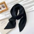 Elegant pleated black cotton linen square scarf with wavy edges and soft texture - 90*90cm / Black