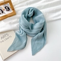 Light blue pleated cotton linen scarf with accordion folds and wavy edges - 90*90cm / Blue