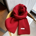 Solid red 100% wool knitted scarf with a classic ribbed hem for winter warmth - Red