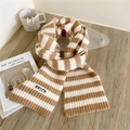 Classic brown and white striped knit scarf with BRICK logo patch on wooden background - 14*150cm / Khaki