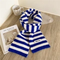Blue and white striped knit scarf with BRICK woven label on a cozy wooden desk - 14*150cm / Blue