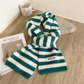 Knitted green and white striped winter scarf with BRICK brand label on soft fabric - 14*150cm / Green