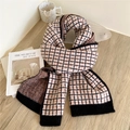 Thick knitted plaid scarf in cream with black and orange lines and ribbed edges - Black Plaid