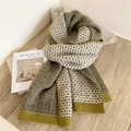 Knitted plaid scarf in mustard green and white check pattern with ribbed edges - Green Plaid