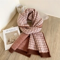 Thick plaid knit scarf in brown, orange and white with ribbed edges for winter warmth - Brown Plaid