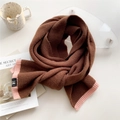 Thick brown knit scarf with pink ribbed edges and a minimalist square woven label - Caramel with Pink Edge
