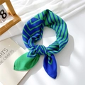 Blue and green striped satin square scarf tied in a stylish bowtie knot design - Blue Green Patchwork