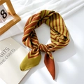 Linen cotton small square scarf with vintage brown and mustard yellow fishbone pattern - Yellow Orange Patchwork
