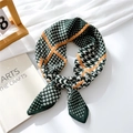 Green and white houndstooth cotton linen scarf with orange geometric lines and text - Green Fashion Houndstooth