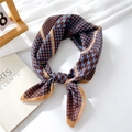 Houndstooth pattern silk scarf in blue and brown with MODERN FASHION text design - Blue Fashion Houndstooth