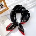Breathable cotton linen scarf with black white grid pattern and red gold border - Black Minimalist Grid