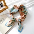 Artistic blue and orange floral cotton linen square scarf with elegant border detail - Blue Large Leaf Print