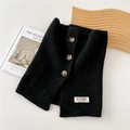 Macro shot of black ribbed knit neck warmer featuring three brown wood-style buttons - 26*30cm / Black