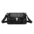 Vintage black crossbody bag with pleated leather, woven edges and silver clasp - Black