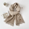 Oatmeal beige long knit scarf with tassels and brown leather tag in minimalist style - Rice Coffee (1D)