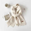 Minimalist cream white knitted winter scarf with short tassels and soft texture - Milky White (2D)
