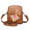 Borsa a tracolla marrone in ecopelle con eleganti ricami floreali rossi e gialli - Marrone