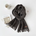 Dark charcoal grey knitted scarf with long tassels and premium leather brand tag - Brown (3D)