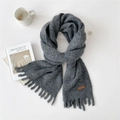 Thick dark grey winter scarf with tassel ends and a brown leather tag detail - Dark Gray (5D)