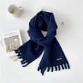 Thick navy blue knitted scarf with short tassels and a vintage brown leather label - Navy Blue (6D)