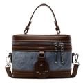 Borsa box vintage bicolore in pelle marrone e denim blu con manico e tracolla regolabile - Blu Denim