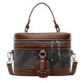 Sac boîte rétro en cuir marron et patchwork de denim gris foncé avec poignée - Noir