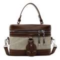Sac boîte en cuir marron et toile beige avec poignée et bandoulière réglable - Blanc Cassé