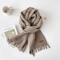 Thick knit oatmeal scarf for women with soft tassels and brand leather patch - Dark Coffee (8D)