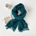 Thick solid dark teal knit scarf with long tassels and premium leather label - Lake Green (9D)
