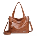 Vintage brown PU leather tote bag with top handles and adjustable shoulder strap for women - Brown