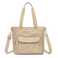 Large beige nylon tote bag with adjustable shoulder strap and front flap pocket - Khaki