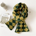 Knitted winter scarf featuring green and yellow diamond patterns and thick retro texture - 30*180cm / Yellow Green