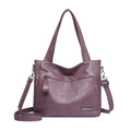 Retro purple tote bag in pebbled faux leather with adjustable strap and front zipper - Purple