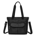 Black large capacity nylon tote bag with functional pockets and adjustable shoulder strap - Black