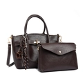 Deep brown faux leather tote and envelope clutch set with decorative knit charms - Coffee