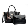Classic black leather handbag set for women with tote bag and matching envelope clutch - Black