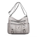 Gray washed PU leather crossbody bag with multiple zip pockets and adjustable strap - White