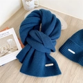 Navy blue knitted wool scarf and beanie set with metal logo on wooden background - Navy Blue