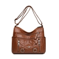 Deep brown multi-pocket crossbody bag with pebble texture leather and metal zippers - Brown