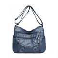 Dark blue multi-pocket crossbody bag in soft synthetic leather with gunmetal zippers - Blue
