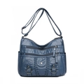 Navy blue washed leather crossbody bag with multi-layer zippers and woven details - Blue