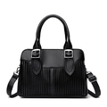 Classic black litchi pattern leather shoulder bag with pleated detail and silver hardware - Black
