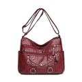 Burgundy PU leather crossbody bag with multiple zip pockets and lychee grain texture - Red