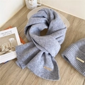 Solid gray knitted wool scarf and hat set featuring high-quality ribbed texture - Gray