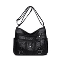 Sac bandoulière noir en cuir lavé grande capacité avec fermetures éclair et sangle réglable - Noir