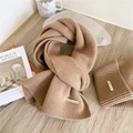 Oatmeal knit scarf and beanie set with premium gold metal brand tags for winter warmth - Camel