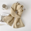 Oatmeal beige knitted scarf with hollow wave pattern and ribbed edges for women - 22*165cm / Beige