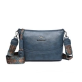 Dunkelblaue Retro-Eimertasche mit buntem Schultergurt im Ethno-Stil und Lederstruktur - Blau
