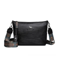 Schwarze Eimer-Tasche aus strukturiertem Leder mit buntem, breitem Ethno-Schultergurt - Schwarz