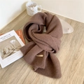 Thick dark brown knitted wool scarf with vertical stripes and metallic logo detail - Brown